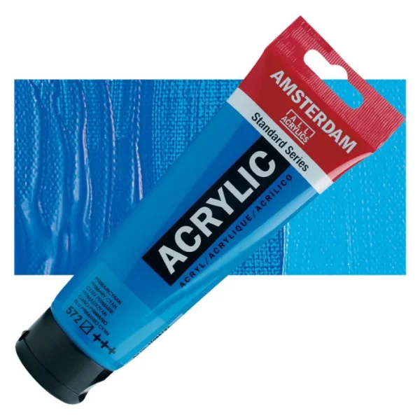 A single tube of Primary Cyan Amsterdam Acrylic Paint 120ml is shown diagonally across the center of the frame. The tube is made of a clear plastic and has a red band at the end of the tube with a hole so it can hang. The tube has a black, plastic flip top cap, that the bottle stands on. There is black text on the body of the tube describing the product colour and details. The colour of the paint can be seen through the tube. There is a rectangular colour swatch of the paint, behind the tube. The swatch shows the colour in different gradient's. The image is center of the frame and on a white background.