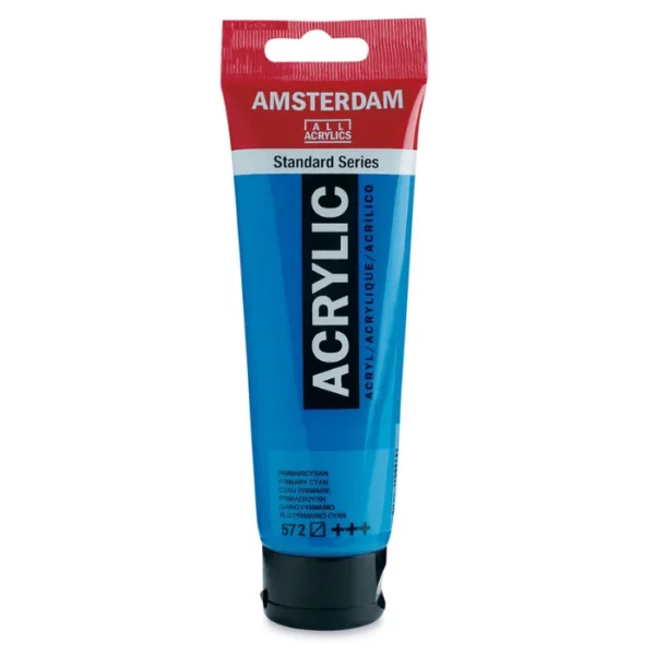 A single tube of Primary Cyan Amsterdam Acrylic Paint 120ml is standing vertically in the center of the frame. The tube is made of a clear plastic and has a red band at the end of the tube with a hole so it can hang. The tube has a black, plastic flip top cap, that the bottle stands on. There is black text on the body of the tube describing the product colour and details. The colour of the paint can be seen through the tube. On a white background.