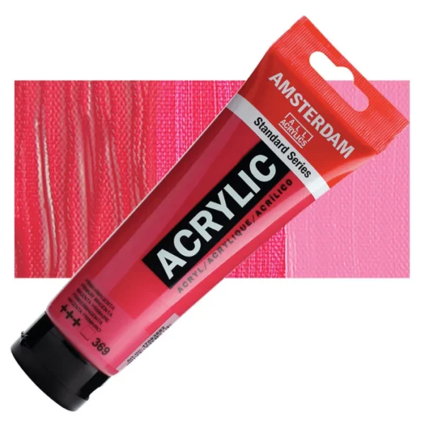 A single tube of Primary Magenta Amsterdam Acrylic Paint 120ml is shown diagonally across the center of the frame. The tube is made of a clear plastic and has a red band at the end of the tube with a hole so it can hang. The tube has a black, plastic flip top cap, that the bottle stands on. There is black text on the body of the tube describing the product colour and details. The colour of the paint can be seen through the tube. There is a rectangular colour swatch of the paint, behind the tube. The swatch shows the colour in different gradient's. The image is center of the frame and on a white background.