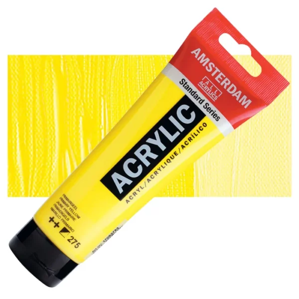 A single tube of Primary Yellow Amsterdam Acrylic Paint 120ml is shown diagonally across the center of the frame. The tube is made of a clear plastic and has a red band at the end of the tube with a hole so it can hang. The tube has a black, plastic flip top cap, that the bottle stands on. There is black text on the body of the tube describing the product colour and details. The colour of the paint can be seen through the tube. There is a rectangular colour swatch of the paint, behind the tube. The swatch shows the colour in different gradient's. The image is center of the frame and on a white background.