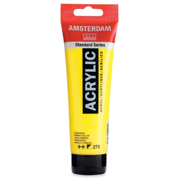 A single tube of Primary Yellow Amsterdam Acrylic Paint 120ml is standing vertically in the center of the frame. The tube is made of a clear plastic and has a red band at the end of the tube with a hole so it can hang. The tube has a black, plastic flip top cap, that the bottle stands on. There is black text on the body of the tube describing the product colour and details. The colour of the paint can be seen through the tube. On a white background.