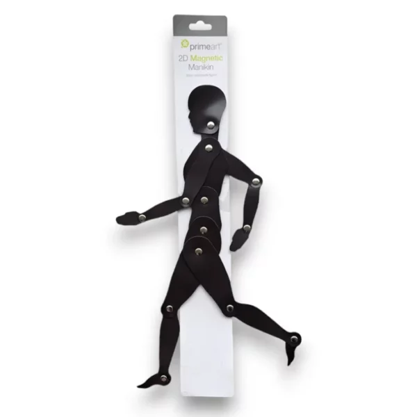 A single Prime Art 2-D Human Magnetic Manikin is shown in the center of the frame. The manikin is black with silver studded joints that allow it to move. The manikin is shown in a running pose with it's arms in stride and it is a side profile. There is a cardboard backing that has a hole so the item may be hung in store. On a white background.