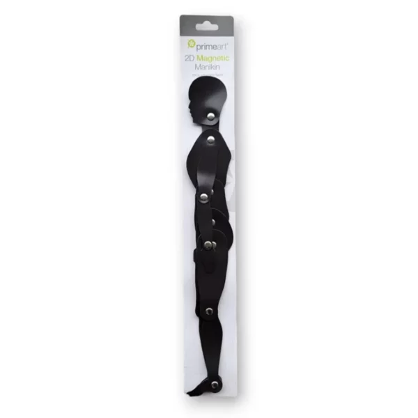 A single Prime Art 2-D Human Magnetic Manikin is shown in the center of the frame. The manikin is black with silver studded joints that allow it to move. The manikin is standing straight with it's hands next to it's hips and it is a side profile. There is a cardboard backing that has a hole so the item may be hung in store. On a white background.