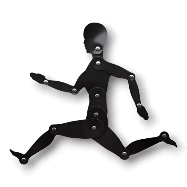 A single Prime Art 2-D Human Magnetic Manikin is shown in the center of the frame. The manikin is black with silver studded joints that allow it to move. The manikin is in a running pose, with it's hand astride and legs apart. It is a side profile of the manikin running. On a white background.