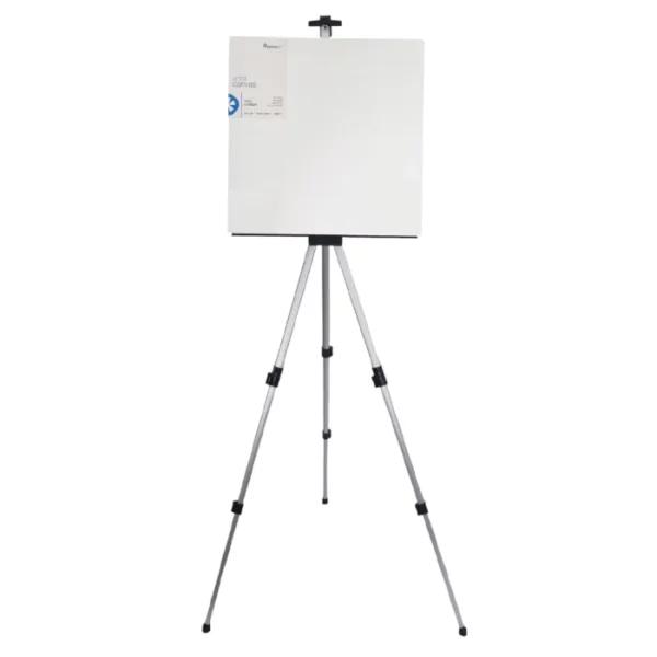 A single Prime Art Aluminum Folding Easel is shown in the center of the frame, holding a square, white Prime Art canvas. The easel is made of a silver aluminium with black plastic pieces that allow the easel to extend. On a white background.