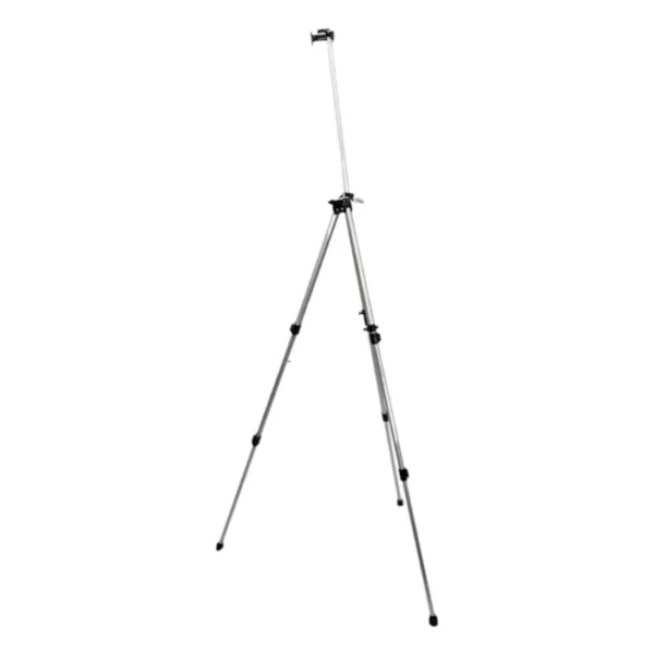 A side profile of a Prime Art Aluminum Folding Easel is shown in the center of the frame. The easel is made of a silver aluminium with black plastic pieces that allow the easel to extend. On a white background.