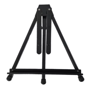 A single Prime Art Black Aluminum Table Easel is shown in the center of the frame. The easel is made of a black aluminum. It is an A Frame easel that is collapsible. On a white background.