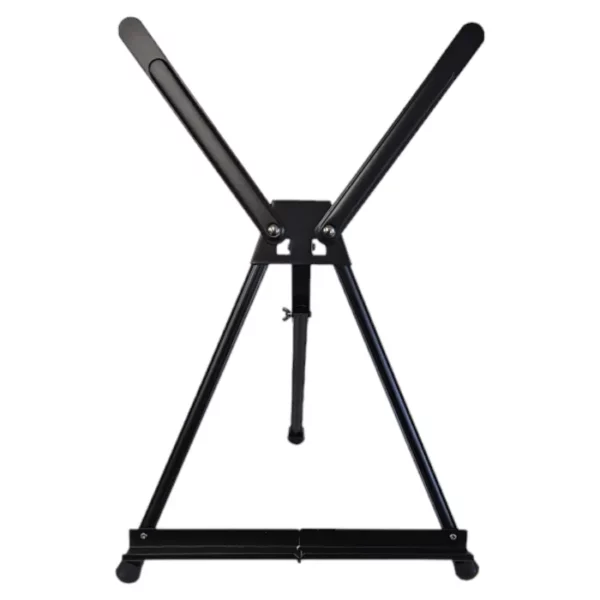 A single Prime Art Black Aluminum Table Easel is shown in the center of the frame. The easel is made of a black aluminum. It is an A Frame easel that is collapsible. On a white background.