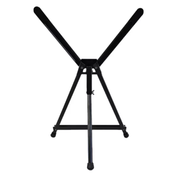 A single Prime Art Black Aluminum Table Easel is shown in the center of the frame. The easel is made of a black aluminum. It is an A Frame easel that is collapsible. On a white background.