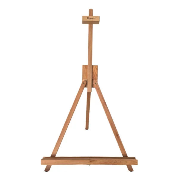 A single wooden Prime Art Compact Wooden Table Easel - A Frame is shown in the center of the frame. The easel is made out of a pine wood and has the Prime Art logo burnt into the top of the wood. It is an A Frame, desk top, sized easel that folds away for easy storage. On a white background.