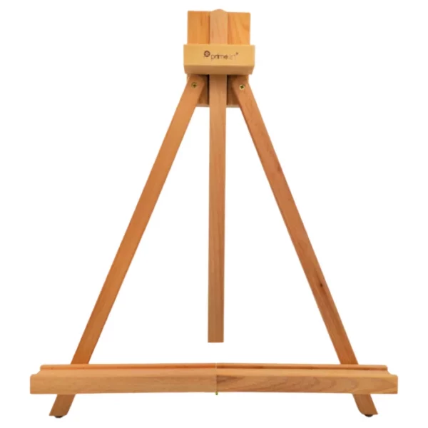 A single wooden Prime Art Compact Wooden Table Easel - A Frame is shown in the center of the frame. The easel is made out of a pine wood and has the Prime Art logo burnt into the top of the wood. It is an A Frame, desk top, sized easel that folds away for easy storage. On a white background.