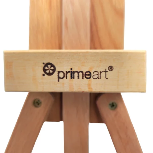 A close up of the Prime Art logo that is burnt into the wood on a Prime Art Compact Wooden Table Easel - A Frame. On a white background.