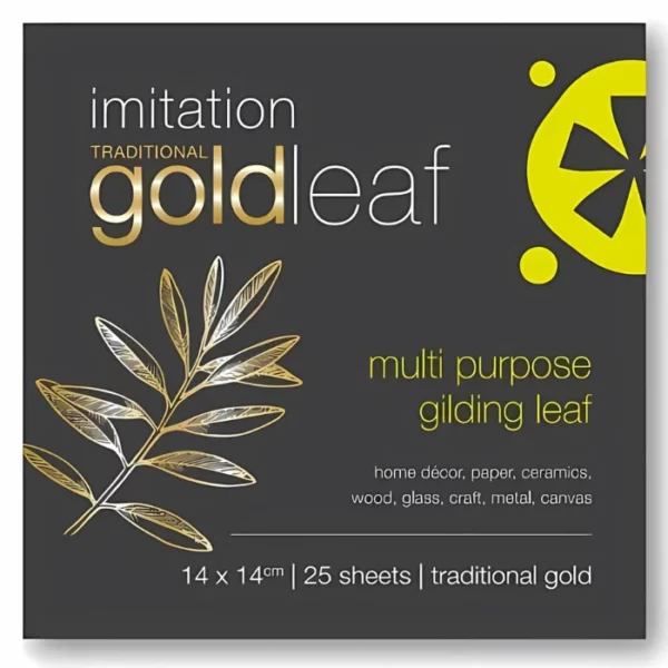 A pack of Prime Art Imitation Gold Leaf is shown in the center of the frame. It is a front view of the front of the packaging. The packaging is square and has gold text on it and a gold leaf as well as the prime art logo. The image is center of the frame and on a white background.