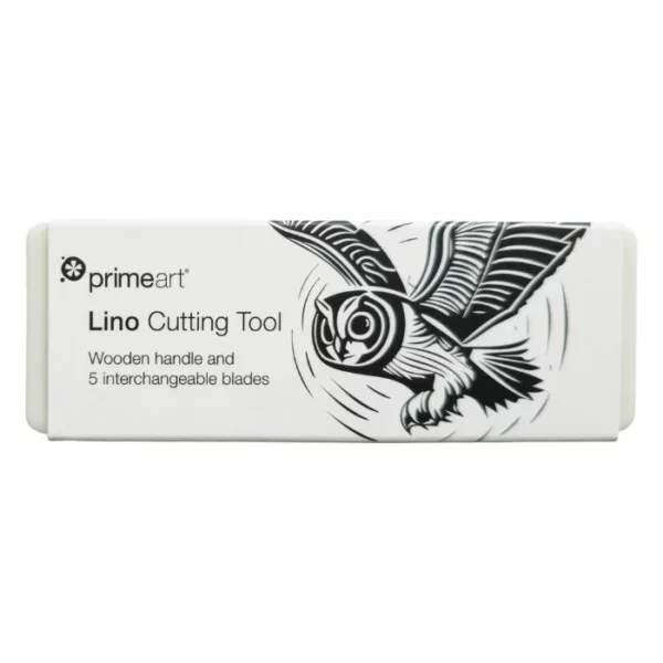 A single Prime Art Lino Cutting Tool Set is shown, in it's packaging in the center of the frame. The box is white and is printed with black text. The Prime Art logo and name of the tool can be seen on the box. There is an image of a carved owl on the box. The image is center of the frame and at a slight angle. On a white background.