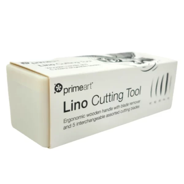 A single Prime Art Lino Cutting Tool Set is shown, in it's packaging in the center of the frame. The box is white and is printed with black text. The Prime Art logo and name of the tool can be seen on the box. The image is center of the frame and at a slight angle. The box is slightly angled, diagonally in the frame. On a white background.