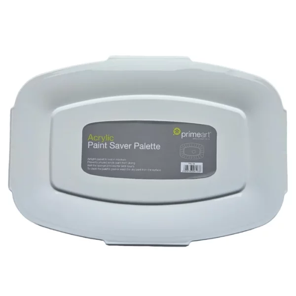 A birds eye view of the Prime Art Paint Saver Palette. The palette is made of a white plastic and has a printed label stuck to the lid. The label has the Prime Art logo and product details printed on it. The palette is oval in shape and sits in the frame, horizontally. On a white background.