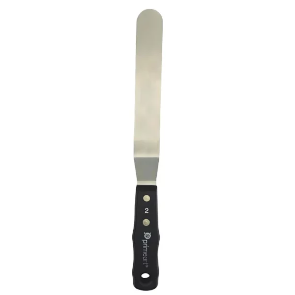 A single Prime Art Painting Knife Medium 045 is shown vertically, in the center of the frame. The knife has a black plastic handle with the Prime Art name printed on it and a long, flexible metal blade. The image is center of the frame and on a white background.