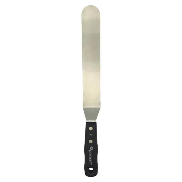 A single Prime Art Painting Knife Large 046 is shown vertically, in the center of the frame. The knife has a black plastic handle with the Prime Art name printed on it and a long, flexible metal blade. The image is center of the frame and on a white background.