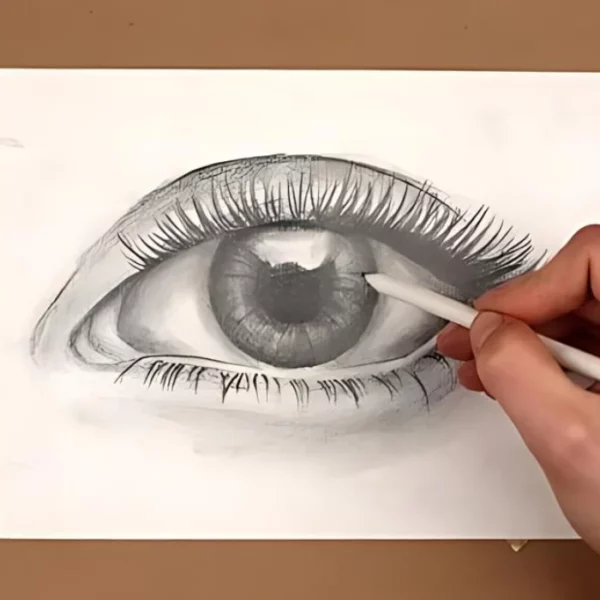 A drawing on an eye is shown in the center of the frame. The drawing is made in pencil and there is a persons hand holding a Paper Stump and blending the drawing.