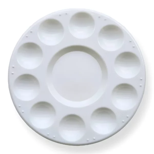 A single Prime Art Plastic Palette 10 Well Round is shown in the center of the frame. The palette is round and made of white plastic and has 10 round wells to hold colour. The image is center of the frame and on a white background.