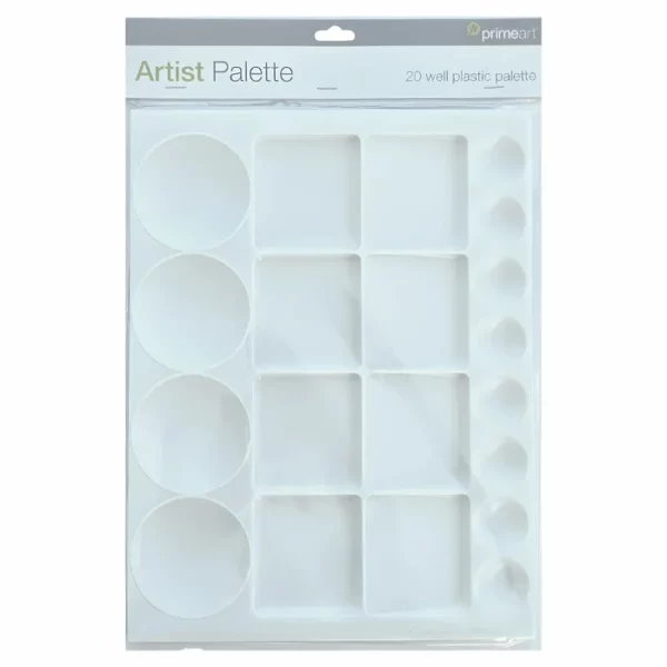 A Prime Art Plastic Palette 20 Well Large Rectangular is shown in the center of the frame vertically, in it's packaging. It has a cardboard backing board and header and the prime art logo is printed on the top right hand corner of the header. You can see the palette through the clear plastic packaging. The palette is made of a white plastic and has 20 wells to hold colour. There are 8 small, circular wells, 4 large wells and 8 square wells in the center of the palette. The image is center of the frame and on a white background.