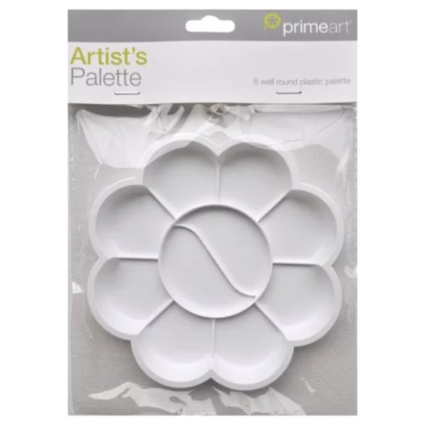 A Prime Art Plastic Palette 8 Well Flower is shown in it's packaging in the center of the frame. It has a cardboard backing and header board with the Prime Art logo printed in the top right hand corner of the header board. The palette is attached in a clear packet. You can see the palette through the packaging. The palette is a round flower shape and made of a white plastic. It has 8 wells to hold paint. The image is center of the frame and on a white background.