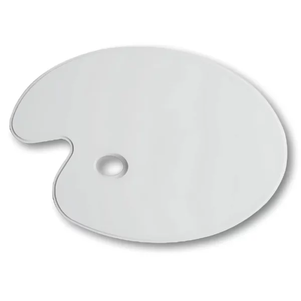 A Prime Art Plastic Palette Flat Kidney Shape Large is shown, vertically in the center of the frame. The palette is made of a white plastic and is in the shape of a kidney. The image is center of the frame and on a white background.