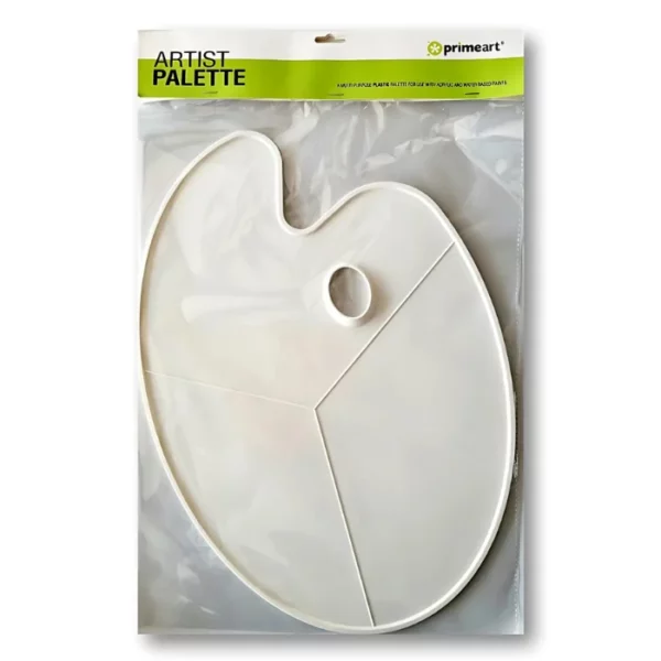 A Prime Art Plastic Palette Flat Kidney Shape Large is shown in the center of the frame vertically, in it's packaging. It has a cardboard backing board and header and the prime art logo is printed on the top right hand corner of the header. You can see the palette through the clear plastic packaging. The palette is made of a white plastic and is in the shape of a kidney. The image is center of the frame and on a white background.