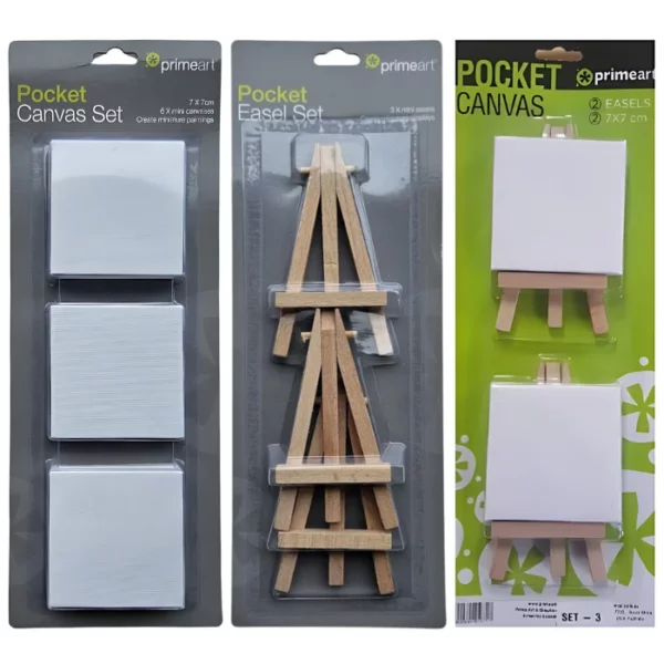 There are three Prime Art Pocket Easel and Canvas Sets shown in the frame. The sets are standing horizontally in the frame. The two sets on the left hand side of teh frame have a grey printed backging board and the set on the right has a green printed backing board. Each set has a different set of products. The set on the left holds 6 mini square canvases. The set in the middle has three mini wooden A frame easels and the set along the right hand side of the frame has two mini square canvases and two mini wooden easels. On a white background.