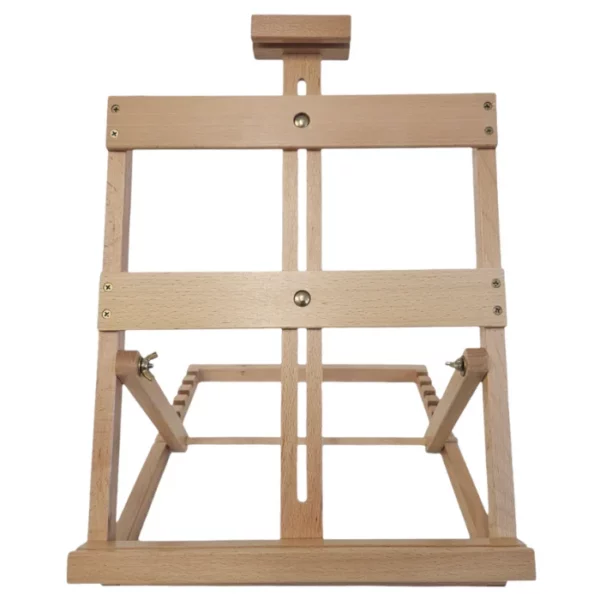 A single Prime Art Symphony Table Top Easel is shown in the center of the frame. The easel is made of a pine wood and is adjustable, and can be lowered or raised to support a canvas. It is a square looking easel. It is on a white background.