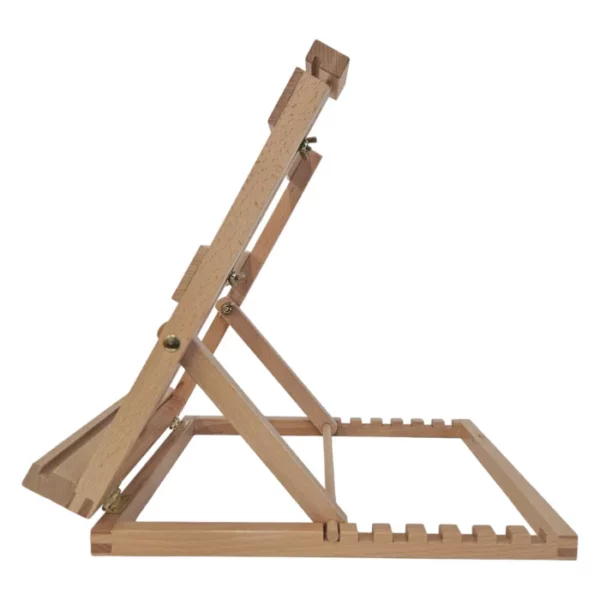 A single Prime Art Symphony Table Top Easel is shown in the center of the frame. It is shown as a side profile. The easel is made of a pine wood and is adjustable, and can be lowered or raised to support a canvas. It is a square looking easel. It is on a white background.