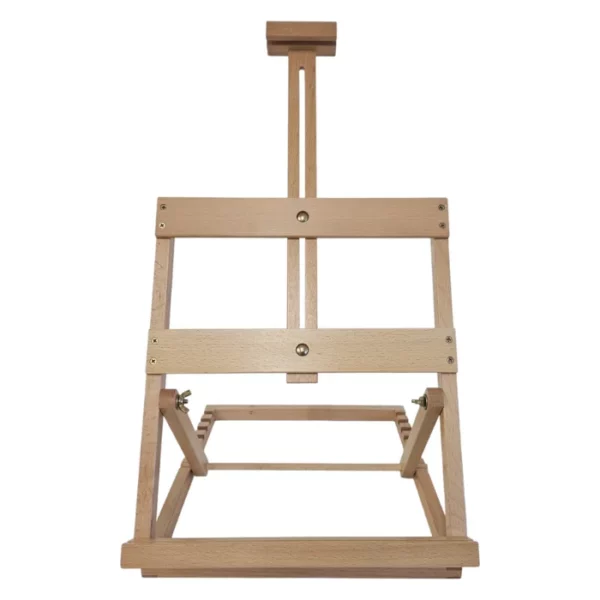 A single Prime Art Symphony Table Top Easel is shown in the center of the frame. The easel is made of a pine wood and is adjustable, and can be lowered or raised to support a canvas. It is a square looking easel. It is on a white background.