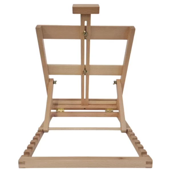 A single Prime Art Symphony Table Top Easel is shown in the center of the frame. It is the view of the back of the easel. The easel is made of a pine wood and is adjustable, and can be lowered or raised to support a canvas. It is a square looking easel. It is on a white background.