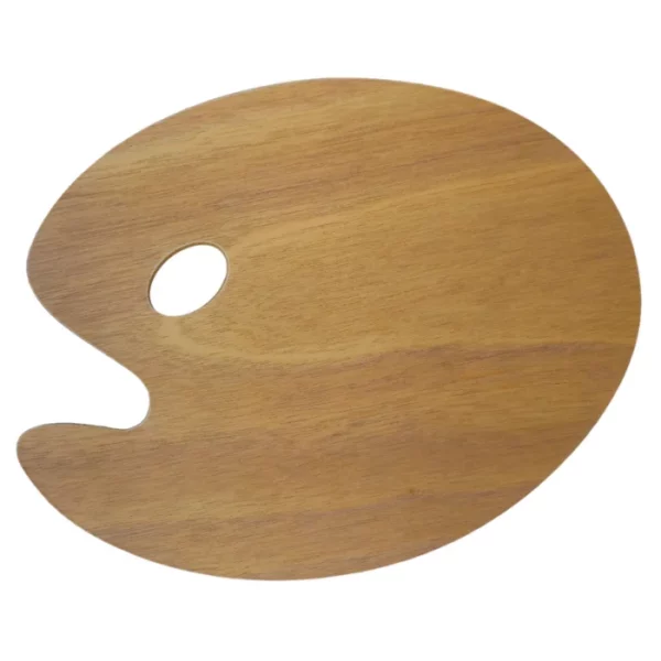 A Prime Art Wooden Kidney Shape Palette 12cm x 16cm is shown, horizontally in the center of the frame. The palette is made of wood and is in the shape of a kidney. The image is center of the frame and on a white background.