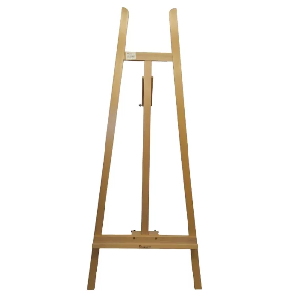 A Prime Art Wooden Studio Basic A Frame Easel is shown in the center of the frame. It is n image of the front of the easel. The easel is made of a pine wood and has the Prime Art logo printed on it. It is a free standing easel and can take larger canvases. On a white background.