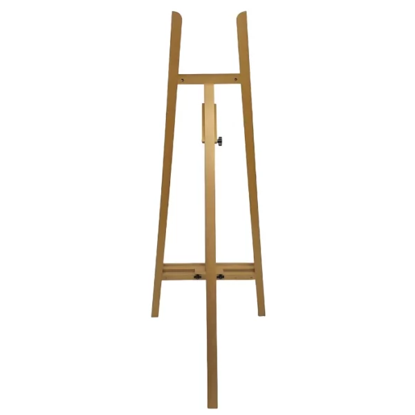 A Prime Art Wooden Studio Basic A Frame Easel is shown in the center of the frame. It is n image of the front of the easel. The easel is made of a pine wood and has the Prime Art logo printed on it. It is a free standing easel and can take larger canvases. On a white background.