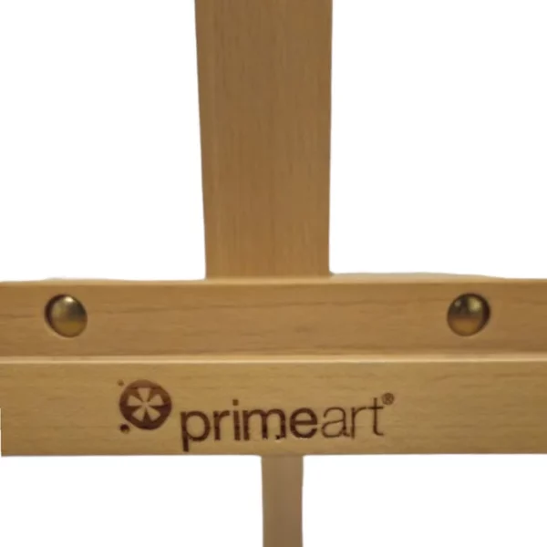 A close up of the Prime Art logo that is printed into the wood of a Prime Art Wooden Studio Basic A Frame Easel. On a white background.