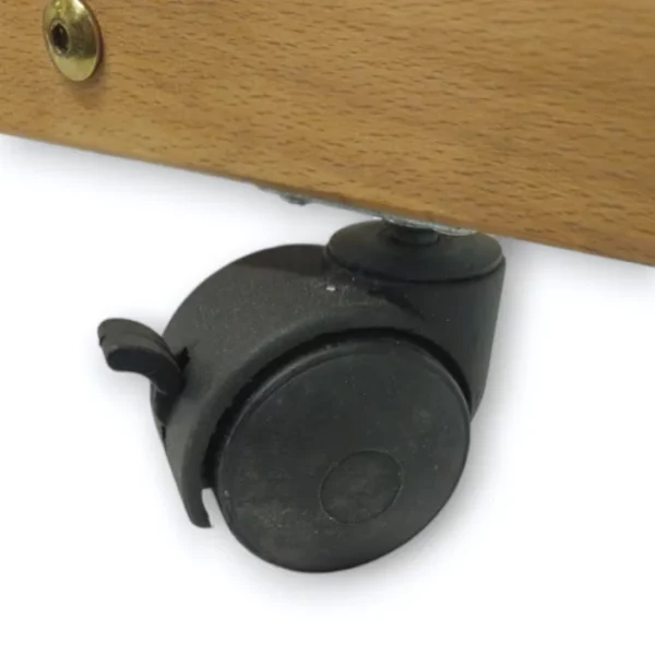 A close up of a single wheel of the Prime Art Wooden Studio H-Frame Beech Easel. It is a plastic castor wheel that has a lock function and you can see where it is attached to the wooden easel in the image. On a white background.