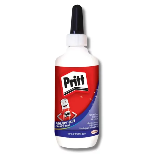 Pritt Project Glue 120ml in bottle with black cap. Front view of glue with Pritt label on bottle