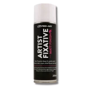 Pro Art Fixative Spray 200ml Black can with white lid. Front view of can