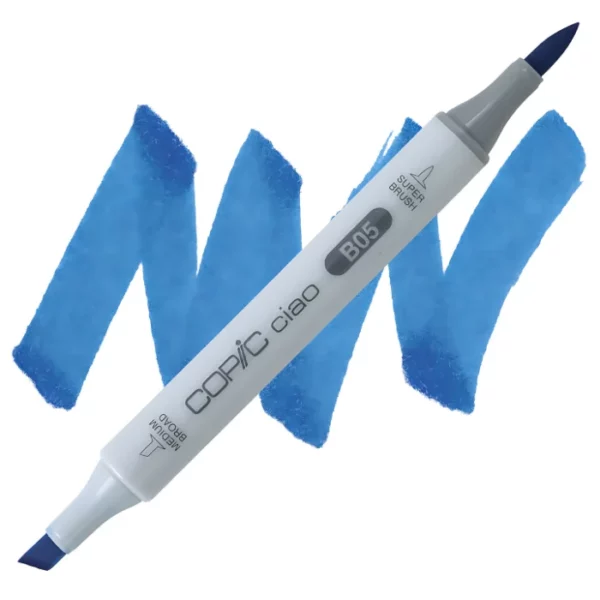 in the center of the image is a single copic marker that is sitting diagonally across the image. from left to right. it has a grey body and both caps are off showing the two different nibs, one brush at the top and the chisel tip at the bottom. it is sitting infront of a squiggle of the same colour as the marker on a white background