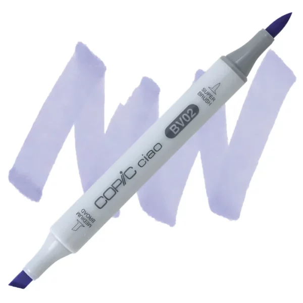 in the center of the image is a single copic marker that is sitting diagonally across the image. from left to right. it has a grey body and both caps are off showing the two different nibs, one brush at the top and the chisel tip at the bottom. it is sitting infront of a squiggle of the same colour as the marker on a white background