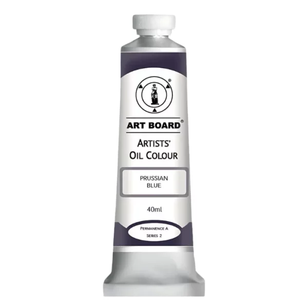 A tube of Prussian Blue Artboard Oil Paint 40ml is shown standing vertically in the center of the frame. The tube is silver and has a label around the body of the tube. Parts of the label are coloured, to denote the colour of the paint inside the tube. The artboard logo and name are printed at the top of the label and the colour and product details are printed below. The tube has a white plastic, screw on lid. On a white background.