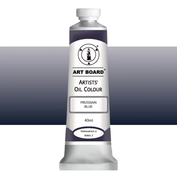 A tube of Prussian Blue Artboard Oil Paint 40ml is shown standing vertically in the center of the frame. The tube is silver and has a label around the body of the tube. Parts of the label are coloured, to denote the colour of the paint inside the tube. The artboard logo and name are printed at the top of the label and the colour and product details are printed below. The tube has a white plastic, screw on lid. A graded horizontal rectangle is seen in the background, this denotes the colour of the paint inside the tube. On a white background.