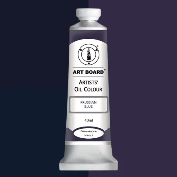 A tube of Prussian Blue Artboard Oil Paint 40ml is shown standing vertically in the center of the frame. The tube is silver and has a label around the body of the tube. Parts of the label are coloured, to denote the colour of the paint inside the tube. The artboard logo and name are printed at the top of the label and the colour and product details are printed below. The tube has a white plastic, screw on lid. Different shades of the paint colour are shown in the background in blocks, behind the tube.