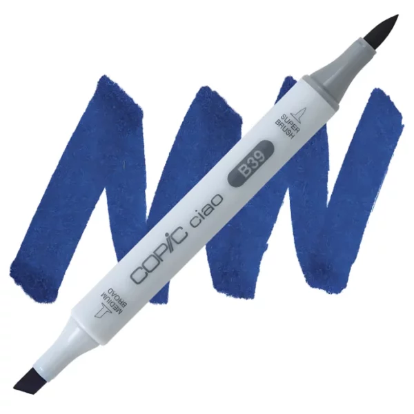 in the center of the image is a single copic marker that is sitting diagonally across the image. from left to right. it has a grey body and both caps are off showing the two different nibs, one brush at the top and the chisel tip at the bottom. it is sitting infront of a squiggle of the same colour as the marker on a white background