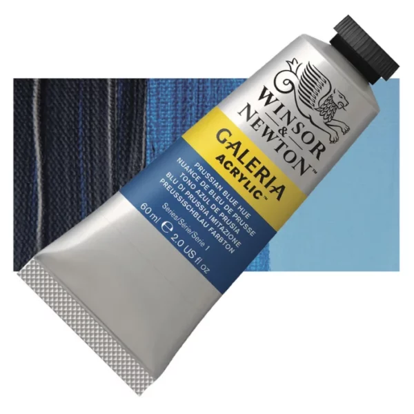 A tube of Prussian Blue Hue Winsor and Newton Galeria Acrylic Paint 60ml is shown diagonally, across the center of the frame. The tube is a silver colour and has a black, screw on, plastic lid. The Winsor and Newton logo is printed at the top of the tube and there is a yellow band across the tube, under the logo, with the words, 'Galeria Acrylic'. There is a band of colour below that which denotes the colour of the paint in the tube. There is text on this colour band, describing the colour and paint properties. There is a rectangular colour swatch behind the tube that shows the colour of the paint. It lays horizontally across the top third of the frame. The image is center of the frame and on a white background.