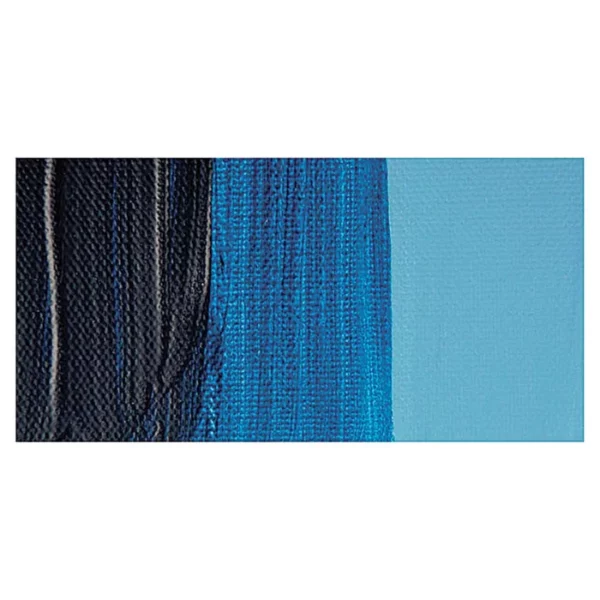 A rectangular colour swatch of Prussian Blue Hue Winsor and Newton Galeria Acrylic Paint is shown across the center of the frame. The colour swatch shows the tube colour in three gradients from left to right. On a white background.