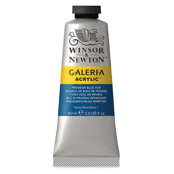 A single tube of Prussian Blue Hue Winsor and Newton Galeria Acrylic Paint 60ml is shown in the center of the frame, standing vertically. The tube is a silver colour and has a black, screw on, plastic lid. The Winsor and Newton logo is printed at the top of the tube and there is a yellow band across the tube, under the logo, with the words, 'Galeria Acrylic'. There is a band of colour below that which denotes the colour of the paint in the tube. There is text on this colour band, describing the colour and paint properties. The image is center of the frame and on a white background.