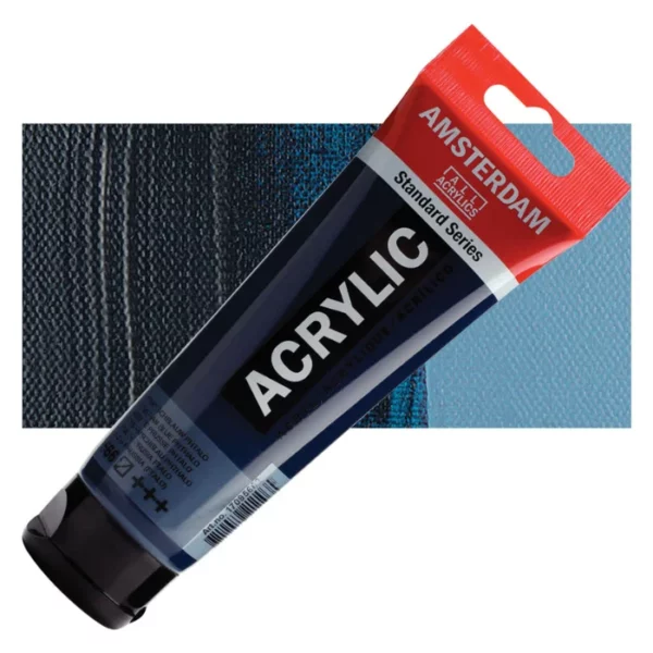 A single tube of Prussian Blue Phthalo Amsterdam Acrylic Paint 120ml is shown diagonally across the center of the frame. The tube is made of a clear plastic and has a red band at the end of the tube with a hole so it can hang. The tube has a black, plastic flip top cap, that the bottle stands on. There is black text on the body of the tube describing the product colour and details. The colour of the paint can be seen through the tube. There is a rectangular colour swatch of the paint, behind the tube. The swatch shows the colour in different gradient's. The image is center of the frame and on a white background.